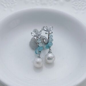 E101 Handmade Freshwater Baroque Pearl Aqua Marine Earrings
